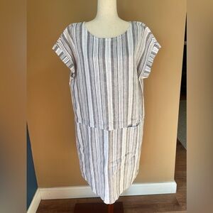 Garnet Hill Womens 100% Linen Shift Dress Striped Size XL Pocket Boho Lagenlook